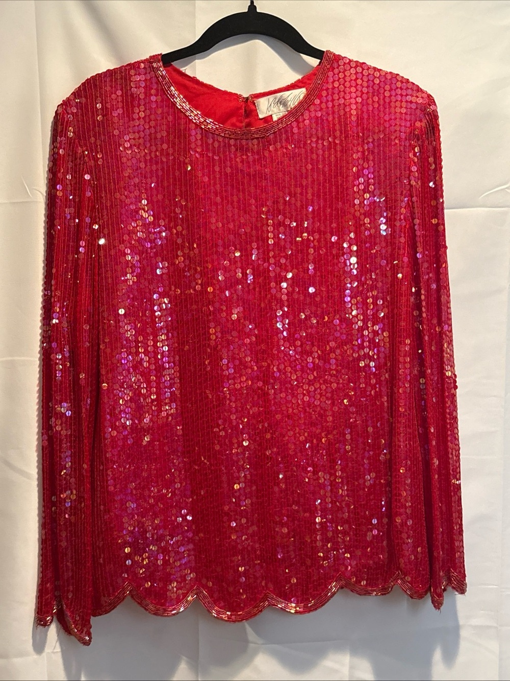 VINTAGE Lord & Taylor Red Sequin and beading Long-Sleeve SILK Top